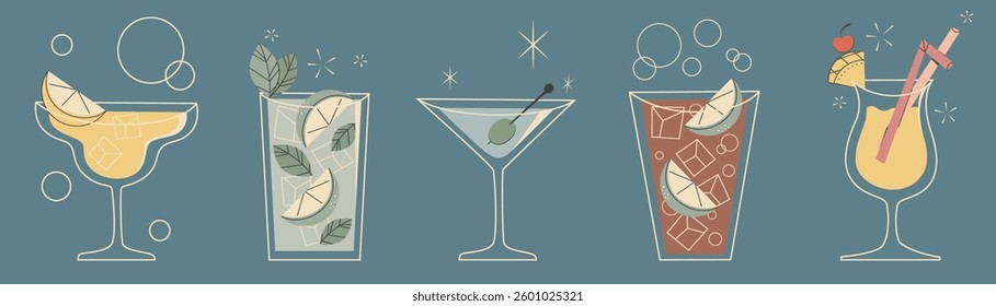 Retro cocktail glasses with various garnishes - lemon, lime, mint and olive. Outline drawings with mid century design elements - starbursts, circles and lines. Trendy vintage style drink and beverage