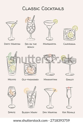 Retro cocktail poster with classic drinks in whimsical doodle style. Hand drawn bar glass icons for kitchen wall art, menu, mixology guide, or creative party decor.