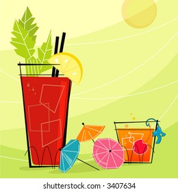 Retro Cocktails with paper umbrellas. Each item is grouped so you can use them independently from the background. Layered file for easy edit--no transparencies or strokes!