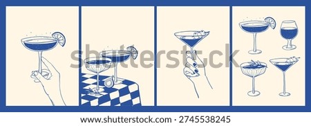 Retro cocktails prints, posters, interior wall art collection with handdrawn glasses and hands. Good for tote bags prints, banners, cards, menu decor, social media visuals, etc. EPS 10