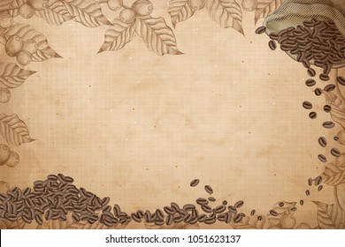 Retro coffee background design with engraving beans in jute bag and leaves