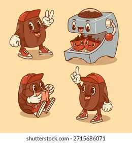 Mascota retro del grano de café fijada en estilo del Vector de la historieta de la manguera de goma de la década de 1930