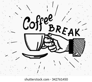 Retro coffee break crafted illustration and handwritten script   vintage stylized human hand holds cup hot coffee