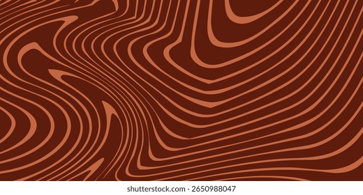 Retro coffee brown background with milk chocolate swirl texture. Wavy liquid candy pattern in vintage 60s–70s psychedelic style. Ideal for posters, covers, banners, and dessert-themed designs.