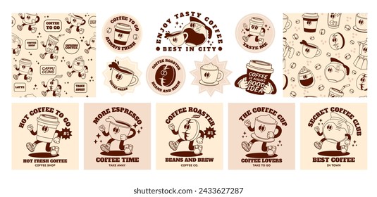 Retro coffee character. Cartoon bar and cafe drinks. Abstract funny espresso sticker, poster with 70s cappuccino cup, trendy seamless pattern with coffee beans. Vector set. Cute walking mugs