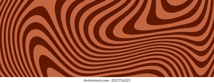 Retro coffee color background. Milk chocolate liquid dessert texture. Wavy swirl candy pattern for poster, cover, banner, pamphlet. Vintage brown trippy hippie wallpaper in 60s or 70s style. Vector