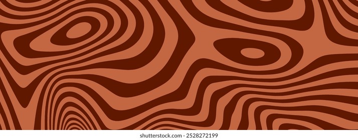 Retro coffee color background. Milk chocolate liquid dessert texture. Wavy swirl candy pattern for poster, cover, banner, decoration. Vintage brown trippy hippie wallpaper in 60s or 70s style. Vector