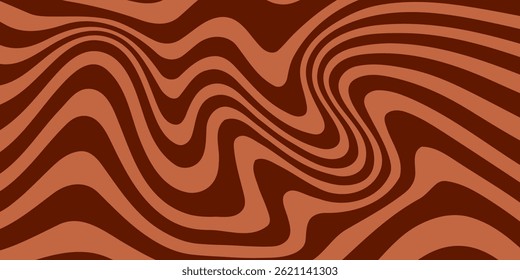 Retro coffee color background. Milk chocolate liquid dessert texture. Wavy swirl candy pattern for poster, cover, banner, pamphlet. Vintage brown trippy hippie wallpaper in 60s or 70s style. Vector