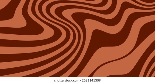 Retro coffee color background. Milk chocolate liquid dessert texture. Wavy swirl candy pattern for poster, cover, banner, pamphlet. Vintage brown trippy hippie wallpaper in 60s or 70s style.