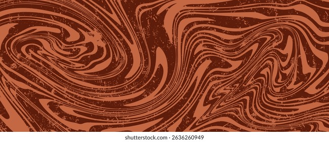 Retro coffee color background. Milk chocolate liquid dessert texture. Wavy swirl candy pattern for poster, cover, banner, pamphlet. Vintage brown trippy hippie wallpaper in 60s or 70s style. Vector