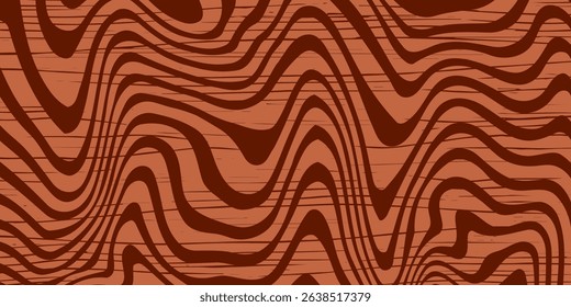 Retro coffee color background. Milk chocolate liquid dessert texture. Wavy swirl candy pattern for poster, cover, banner, pamphlet. Vintage brown trippy hippie wallpaper in 60s or 70s style. Vector