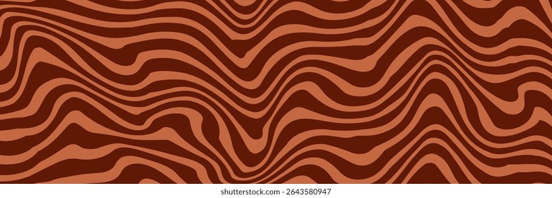 Retro coffee color background. Milk chocolate liquid dessert texture. Wavy swirl candy pattern for poster, cover, banner, pamphlet. Vintage brown trippy hippie wallpaper in 60s or 70s style. Vector