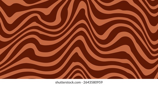 Retro coffee color background. Milk chocolate liquid dessert texture. Wavy swirl candy pattern for poster, cover, banner, pamphlet. Vintage brown trippy hippie wallpaper in 60s or 70s style. Vector