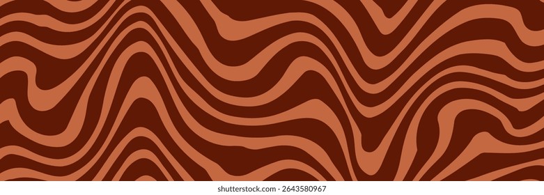 Retro coffee color background. Milk chocolate liquid dessert texture. Wavy swirl candy pattern for poster, cover, banner, pamphlet. Vintage brown trippy hippie wallpaper in 60s or 70s style. Vector