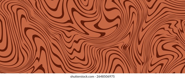 Retro coffee color background. Milk chocolate liquid dessert texture. Wavy swirl candy pattern for poster, cover, banner, pamphlet. Vintage brown trippy hippie wallpaper in 60s or 70s style. Vector