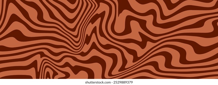 Retro coffee color background. Nice milk chocolate liquid dessert texture. Wavy swirl candy pattern for poster, cover, banner. Vintage brown trippy hippie wallpaper in 60s or 70s style. Vector