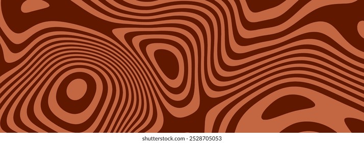 Retro coffee color background. Tasty milk chocolate liquid dessert texture. Wavy swirl candy pattern for poster, cover, banner. Vintage brown trippy hippie wallpaper in 60s or 70s style. Vector