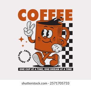 Retro coffee cup cartoon character design for T-shirt graphics, streetwear, posters, stickers, prints, and more