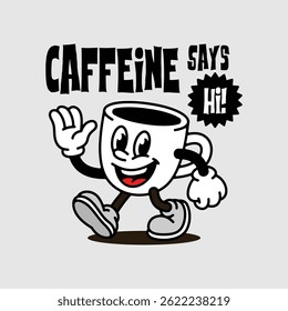 Retro Coffee Cup Cartoon Character Waving, Vintage Style Mascot Illustration