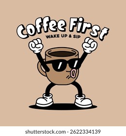 Retro Coffee Cup Cartoon Character Waving, Vintage Style Mascot Illustration