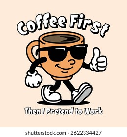 Retro Coffee Cup Cartoon Character Waving, Vintage Style Mascot Illustration