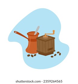 Retro Coffee cup and grinder design. Vector Illustration. Flat Style