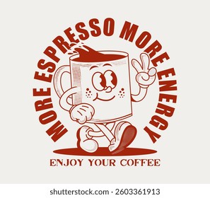 Retro coffee cup mascot in vintage cartoon style. Perfect for T-shirts, stickers, hoodies, apparel, branding, and merchandise