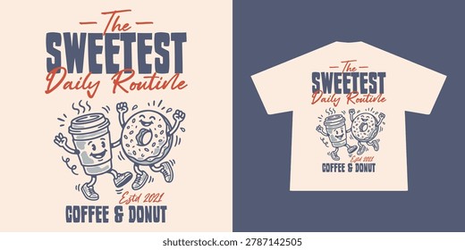 Retro Coffee and Donut T-Shirt Design - Cute Cartoon Mascot Illustration 