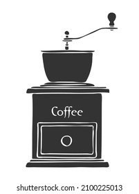 Retro coffee grinder. Antique device for preparing a coffee drink. Cafe symbol. Black silhouette. Vector isolated hand drawn illustration