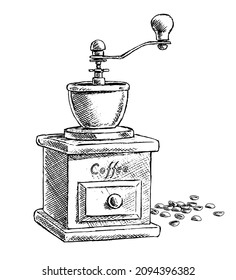 Retro coffee grinder with coffee beans. Antique device for preparing a coffee drink. Cafe symbol. Vector isolated hand drawn illustration. Black and white