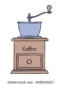 Retro coffee grinder with coffee beans. Antique device for preparing a coffee drink. Cafe symbol. Vector isolated hand drawn illustration