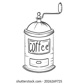 Retro coffee grinder. Grain coffee, Natural drink made from beans. Vector illustration isolated on white background.