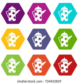 Retro coffee kettle icon set many color hexahedron isolated on white vector illustration