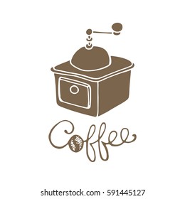 Retro coffee mill label concept menu. Hand drawn vector illustration. Can be used for menu, bar, cafe, restaurant, poster, banner, sticker, label, brand, badge, template, placard and other.