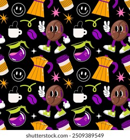 Retro coffee pattern in groovy psychedelic acid style. Retro coffee bean character, cup, coffee pot, kettle, paper cup. Vector seamless pattern isolated on black