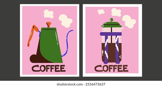 Retro coffee poster for wall decor, prints, wallpaper in cartoon flat style. Decor for kitchens, cafes and coffee shop. Hot aroma drinks. Coffee maker, kettle and coffee filter