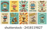 Retro coffee posters. Cartoon espresso cups, coffee house stickers with slogans in style of 1930s rubber hose animation. Vector illustration set of retro breakfast cartoon drink caffeine