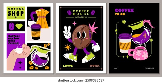 Retro coffee posters in groovy psychedelic acid style. Retro coffee bean character, cup, coffee pot, kettle, paper cup. Perfect for coffee shop adds design.