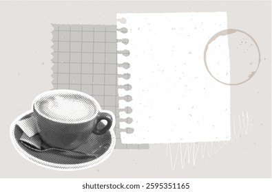 Retro coffee scrapbook page, halftone coffee cup photo, torn paper memo with coffee stain and handwritten notes, calm monochrome template