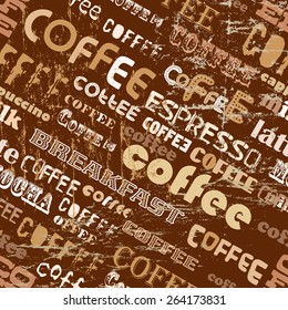 retro coffee seamless pattern, tag cloud, vector illustration