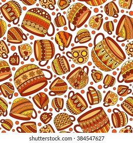 Retro coffee seamless pattern, tea background, texture with cups. Doodle style