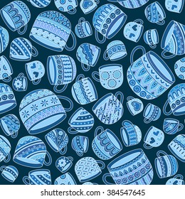 Retro coffee seamless pattern, tea background, texture with cups. Doodle style