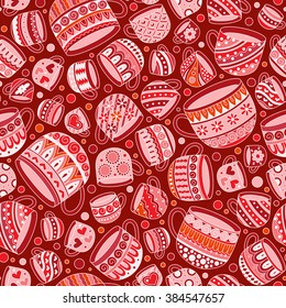 Retro coffee seamless pattern, tea background, texture with cups. Doodle style