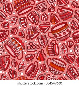 Retro coffee seamless pattern, tea background, texture with cups. Doodle style