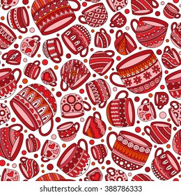 Retro coffee seamless pattern, tea background, texture with cups. Doodle style