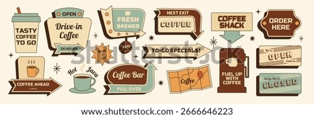 Retro coffee sign sticker set with arrows, slogans, coffee cups, vintage lettering and more. Vector illustration in vintage brown teal colors mid century 50s style for branding,menu,print,travel blog