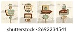 Retro coffee sign vertical posters set with arrow, phrases, cup, lettering. Vector illustration in vintage colors and textured mid century 50s style for print, wall art, branding, social media