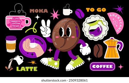 Retro coffee stickers in groovy psychedelic acid style. Retro coffee bean character, cup, coffee pot, kettle, paper cup. Vector clip art isolated on black