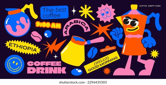 Retro coffee stickers hippie 90s groovy, elements of psychedelic acid. Retro characters.teapot, kettle, coffee maker, breakfast hippie style vector set of elements.