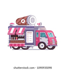 Retro coffee van in flat design. City street food truck with cafe cup. Summer kitchen auto kiosk in flat design. Cartoon car with food on wheels illustration. Vintage cartoon minivan with beverages.